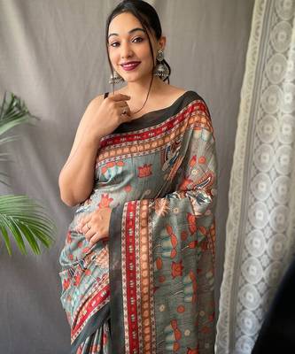 grey printed pure cotton grey saree with blouse 2