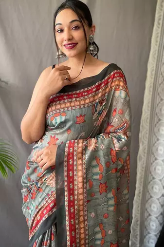 grey printed pure cotton grey saree with blouse