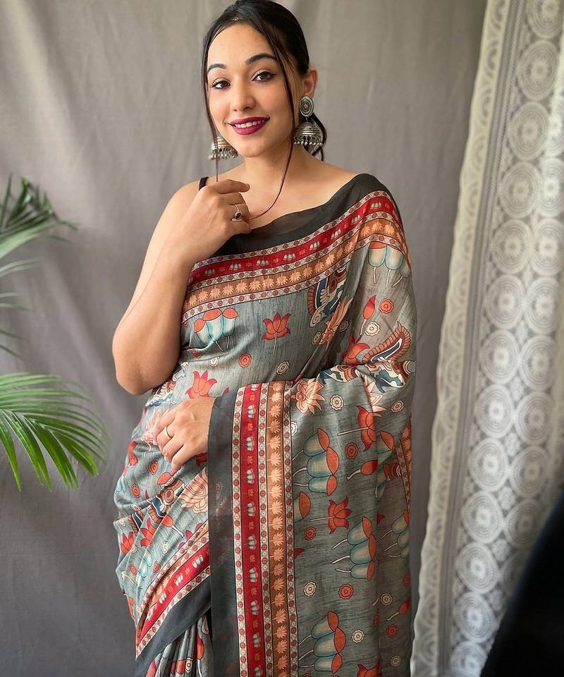 grey printed pure cotton grey saree with blouse