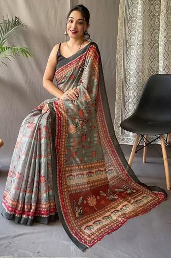 grey printed pure cotton grey saree with blouse