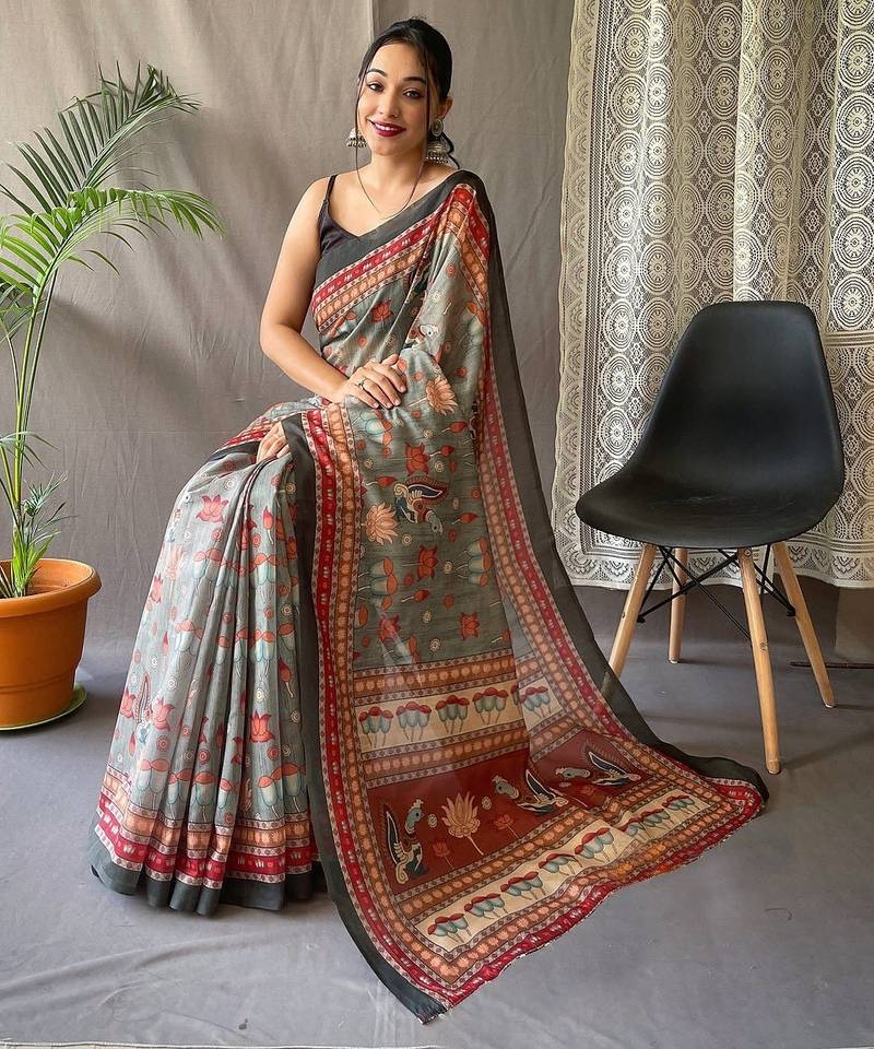 grey printed pure cotton grey saree with blouse