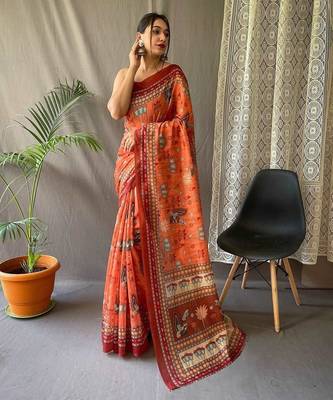 orange printed pure cotton orange saree with blouse 1