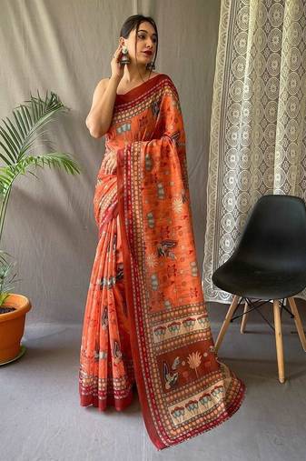 orange printed pure cotton orange saree with blouse