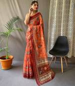 orange printed pure cotton orange saree with blouse