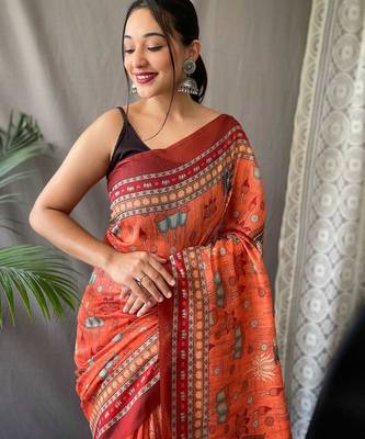 orange printed pure cotton orange saree with blouse 2