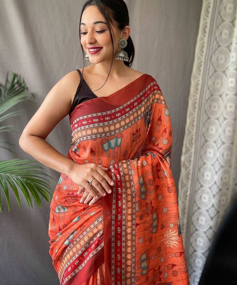 orange printed pure cotton orange saree with blouse