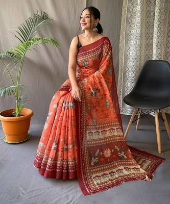 orange printed pure cotton orange saree with blouse 3