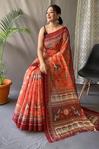 orange printed pure cotton orange saree with blouse