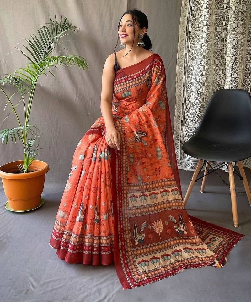 orange printed pure cotton orange saree with blouse