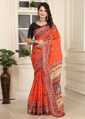 orange printed pure cotton orange saree with blouse 1