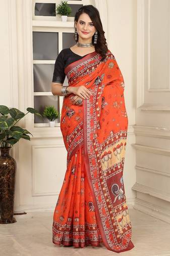 orange printed pure cotton orange saree with blouse