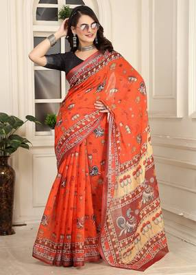 orange printed pure cotton orange saree with blouse 2