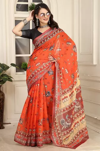 orange printed pure cotton orange saree with blouse