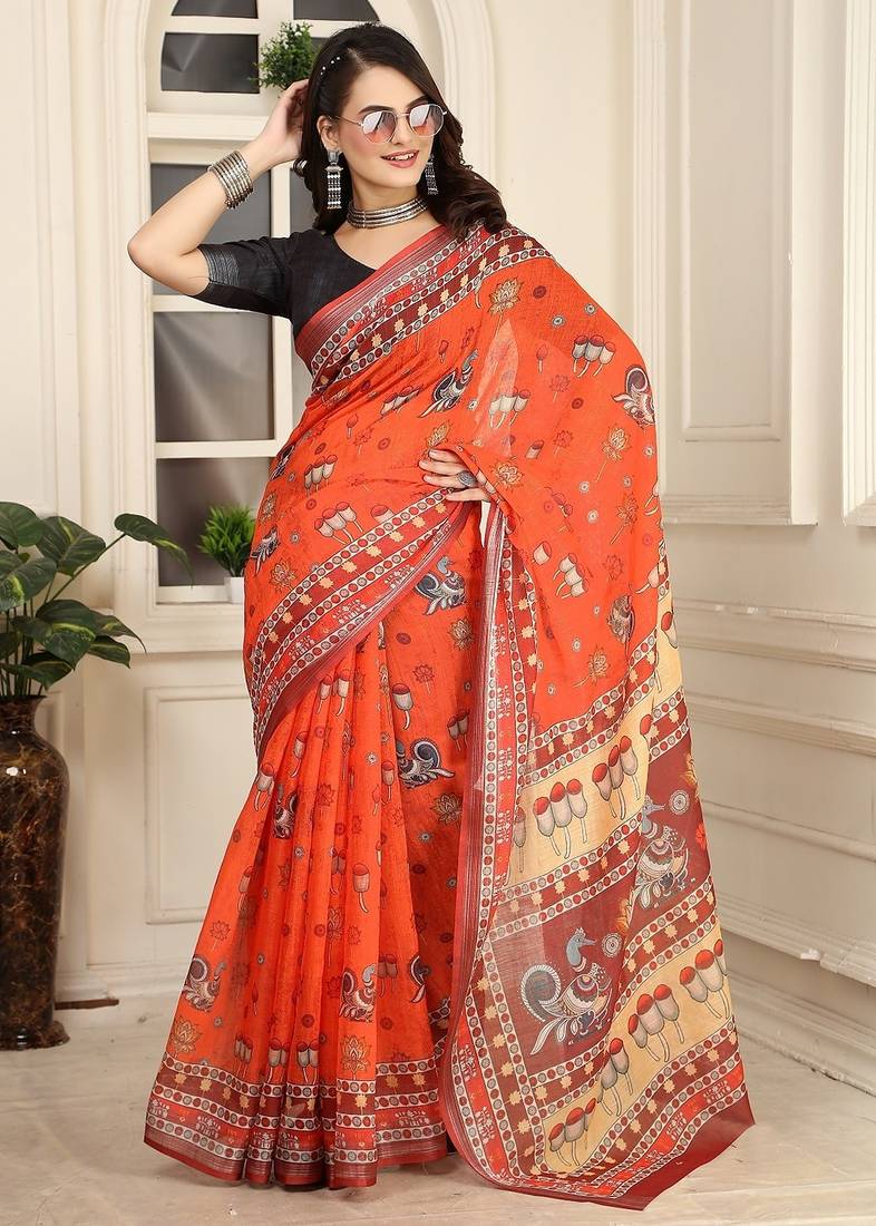 orange printed pure cotton orange saree with blouse