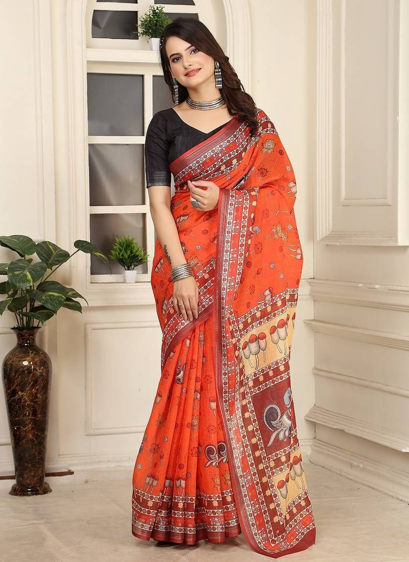 orange printed pure cotton orange saree with blouse