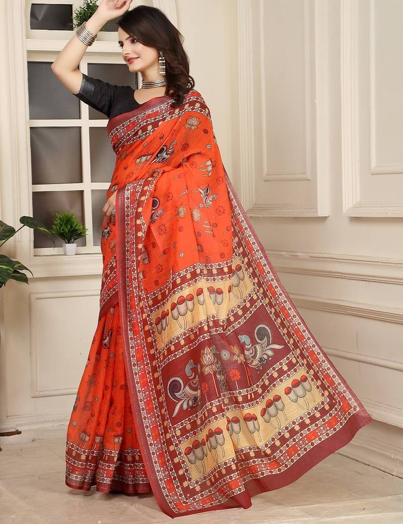 orange printed pure cotton orange saree with blouse