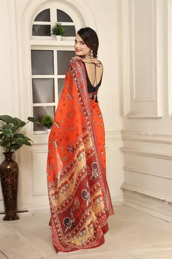 orange printed pure cotton orange saree with blouse