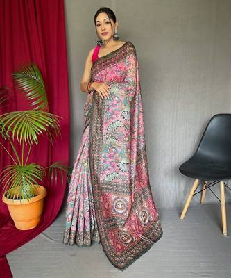 pink printed pure cotton pink saree with blouse 1