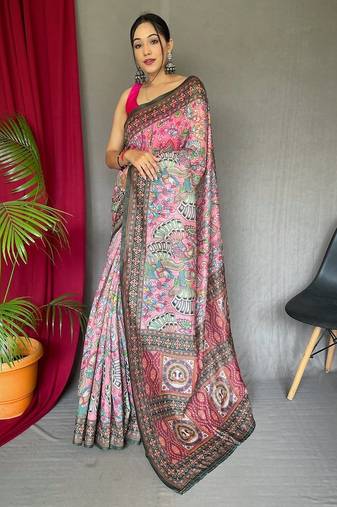 pink printed pure cotton pink saree with blouse