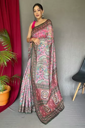 pink printed pure cotton pink saree with blouse