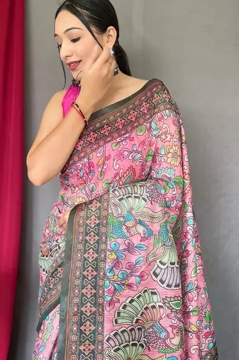 pink printed pure cotton pink saree with blouse