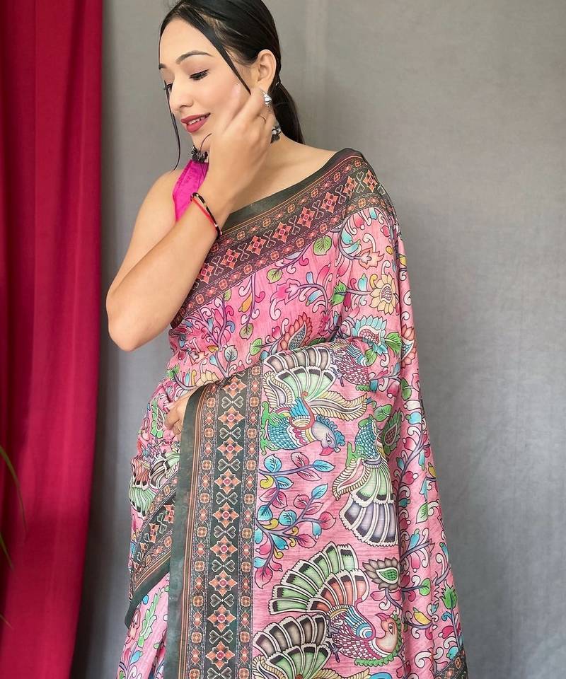 pink printed pure cotton pink saree with blouse