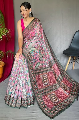 pink printed pure cotton pink saree with blouse