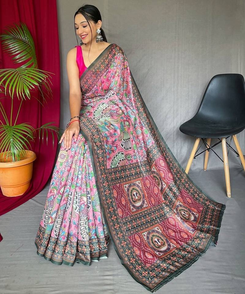 pink printed pure cotton pink saree with blouse