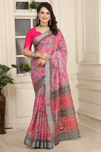 pink printed pure cotton pink saree with blouse