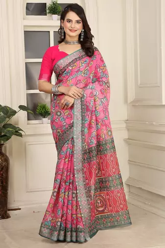 pink printed pure cotton pink saree with blouse