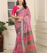 pink printed pure cotton pink saree with blouse