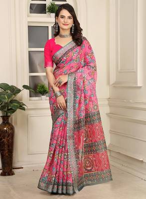 pink printed pure cotton pink saree with blouse 2