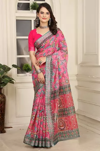 pink printed pure cotton pink saree with blouse