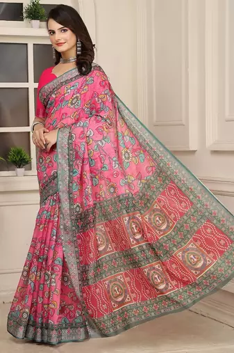 pink printed pure cotton pink saree with blouse