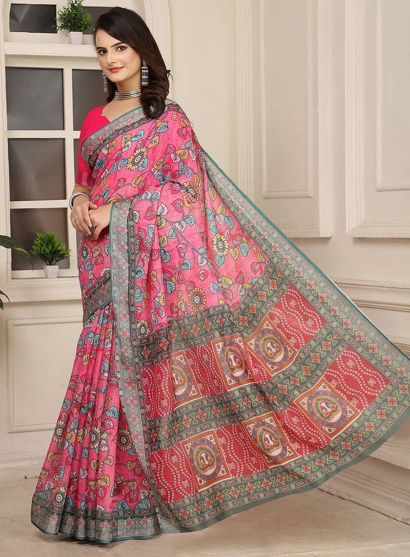 pink printed pure cotton pink saree with blouse