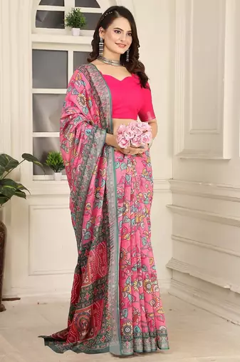 pink printed pure cotton pink saree with blouse