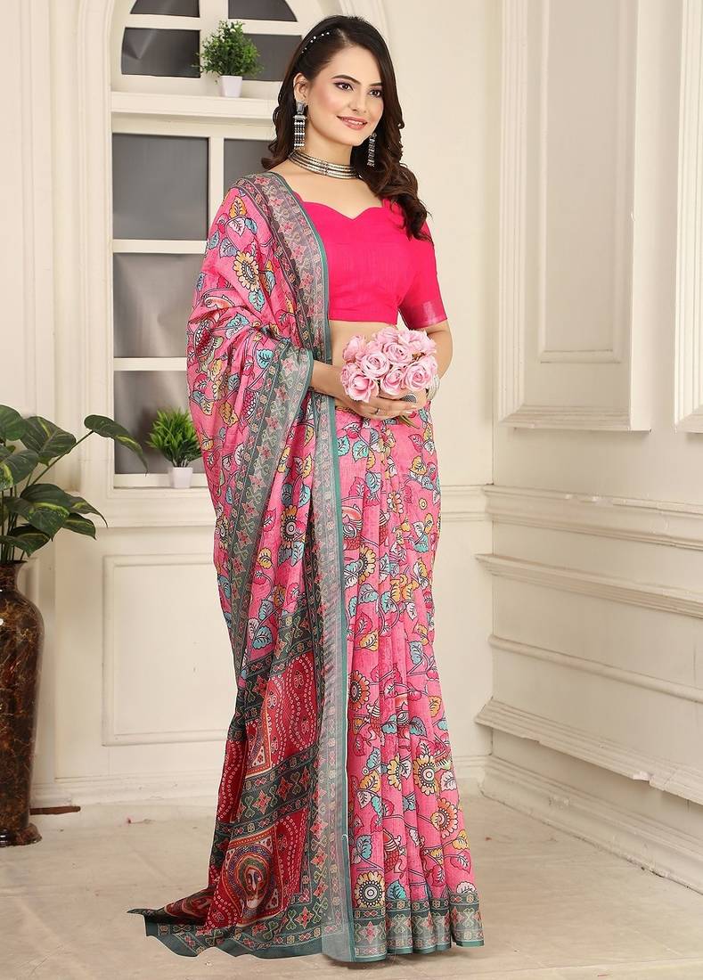 pink printed pure cotton pink saree with blouse