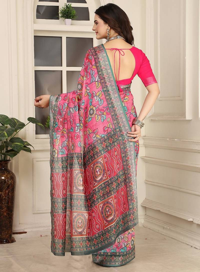 pink printed pure cotton pink saree with blouse