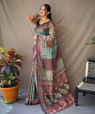 multicolor printed pure cotton multicolor saree with blouse 1