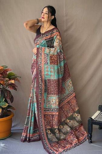 multicolor printed pure cotton multicolor saree with blouse