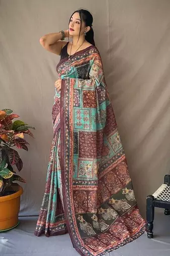 multicolor printed pure cotton multicolor saree with blouse