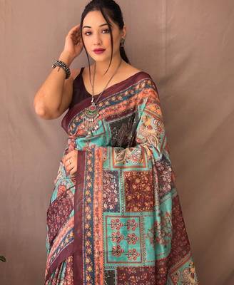 multicolor printed pure cotton multicolor saree with blouse 2