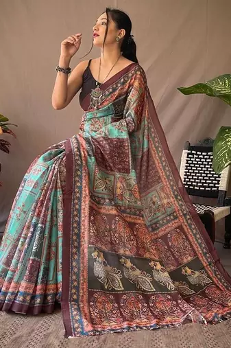 multicolor printed pure cotton multicolor saree with blouse