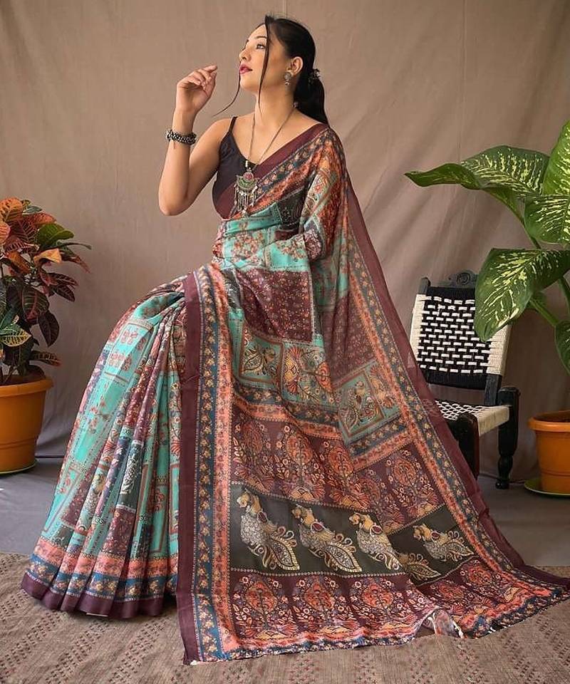 multicolor printed pure cotton multicolor saree with blouse