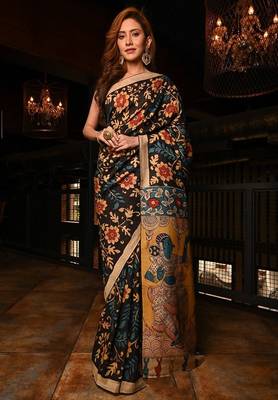 black printed pure cotton black saree with blouse 1
