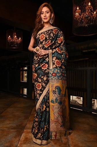 black printed pure cotton black saree with blouse