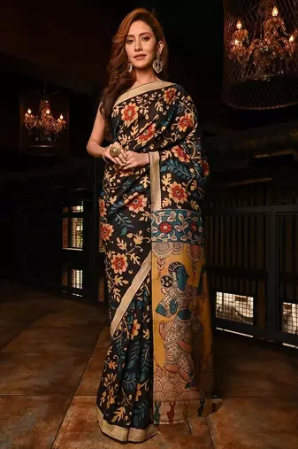 black printed pure cotton black saree with blouse