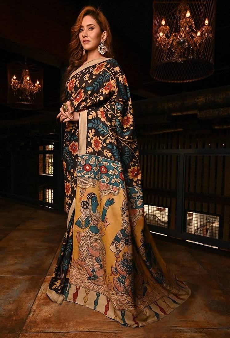 black printed pure cotton black saree with blouse