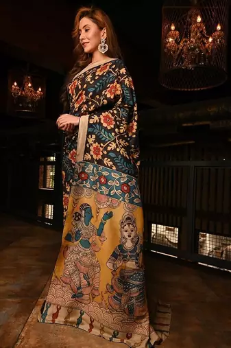 black printed pure cotton black saree with blouse