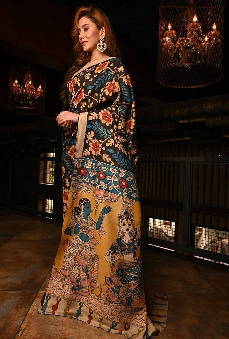 black printed pure cotton black saree with blouse